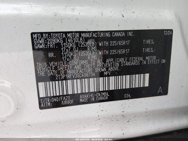 2025 Toyota Rav4 Xle მანქანა იყიდება აუქციონზე, vin: 2T3P1RFV3SC498794, აუქციონის ნომერი: 45387929