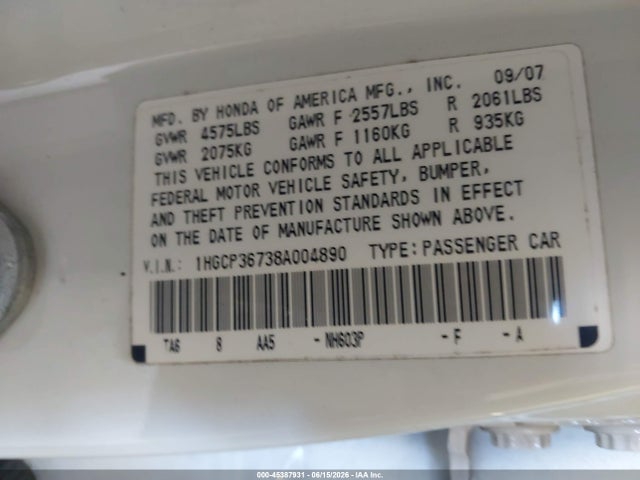 Продажа на аукционе авто 2008 Honda Accord 3.5 Ex, vin: 1HGCP36738A004890, номер лота: 45387931