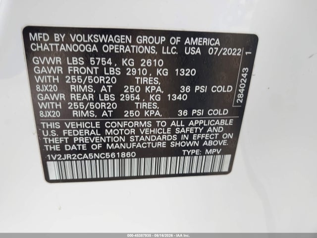 Aukcja sprzedaży 2022 Volkswagen Atlas 3.6l V6 Se W/technology, vin: 1V2JR2CA5NC561860, numer aukcji: 45387935