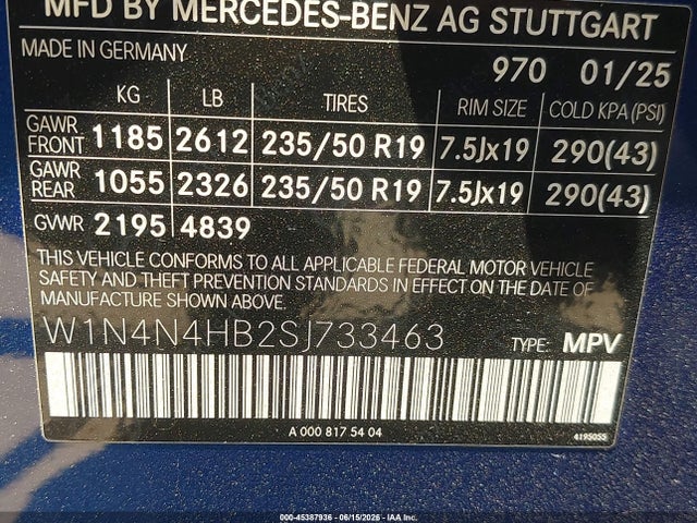 Продаж на аукціоні авто 2025 Mercedes-benz Gla 250 4matic, vin: W1N4N4HB2SJ733463, номер лоту: 45387936