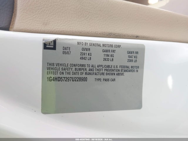 Продаж на аукціоні авто 2007 Buick Lucerne Cxl, vin: 1G4HD57297U228900, номер лоту: 45387945