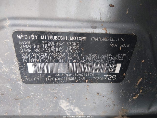 Aukcja sprzedaży 2018 Mitsubishi Mirage Es, vin: ML32A3HJ8JH011676, numer aukcji: 45387975