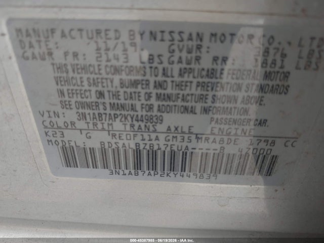 Nissan SENTRA S 2019 3N1AB7AP2KY449839 Image 9