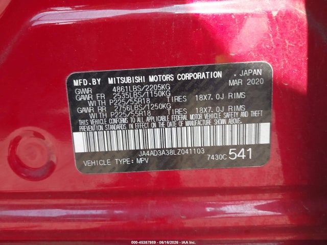 2020 Mitsubishi Outlander Sel 2.4 მანქანა იყიდება აუქციონზე, vin: JA4AD3A38LZ041103, აუქციონის ნომერი: 45387989
