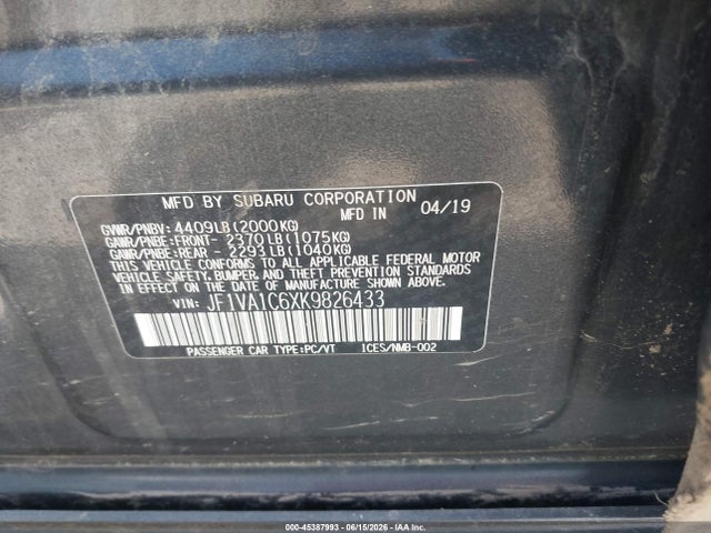 45387993 :رقم المزاد ، JF1VA1C6XK9826433 vin ، 2019 Subaru Wrx Premium مزاد بيع