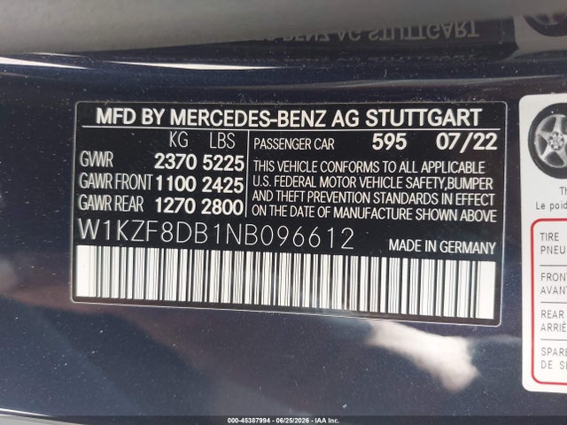 Aukcja sprzedaży 2022 Mercedes-benz E 350, vin: W1KZF8DB1NB096612, numer aukcji: 45387994