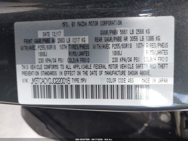 Продаж на аукціоні авто 2018 Mazda Cx-9 Touring, vin: JM3TCACY0J0220016, номер лоту: 45387999