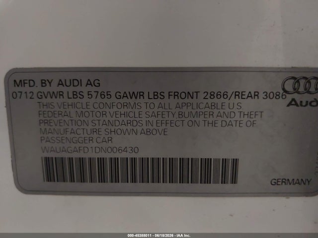 Продажа на аукционе авто 2013 Audi A8 3.0t, vin: WAUAGAFD1DN006430, номер лота: 45388011