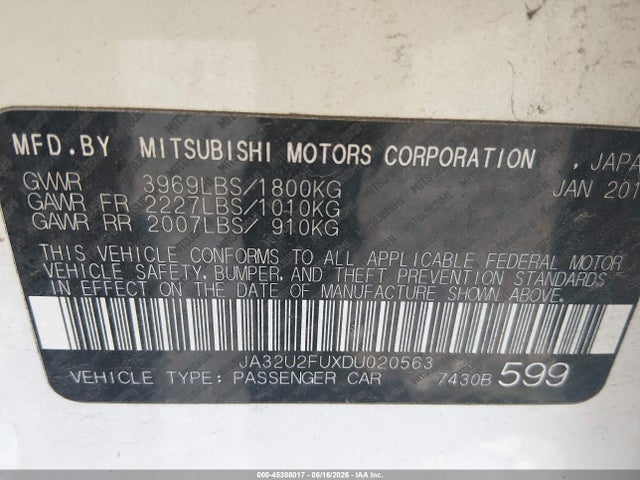 2013 Mitsubishi Lancer Es მანქანა იყიდება აუქციონზე, vin: JA32U2FUXDU020563, აუქციონის ნომერი: 45388017
