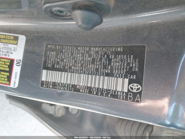 2015 Toyota Corolla Le მანქანა იყიდება აუქციონზე, vin: 5YFBURHE9FP333653, აუქციონის ნომერი: 45388021