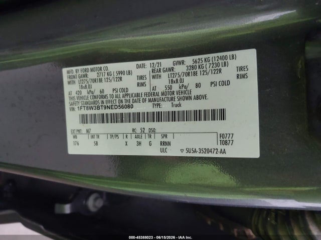 Aukcja sprzedaży 2022 Ford F-350 Lariat, vin: 1FT8W3BT9NED56080, numer aukcji: 45388023