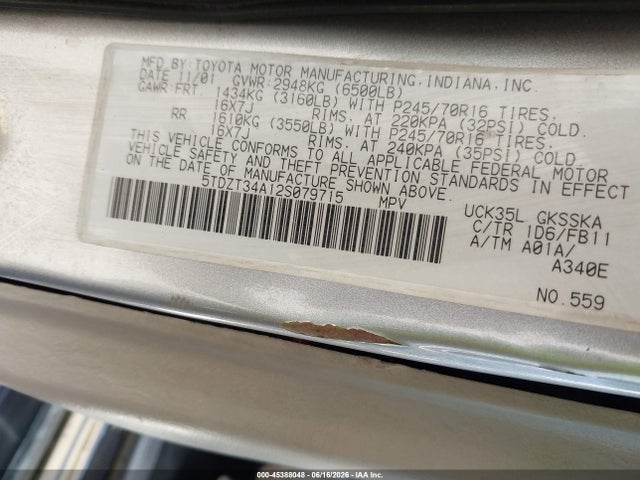Aukcja sprzedaży 2002 Toyota Sequoia Sr5 V8, vin: 5TDZT34A12S079715, numer aukcji: 45388048