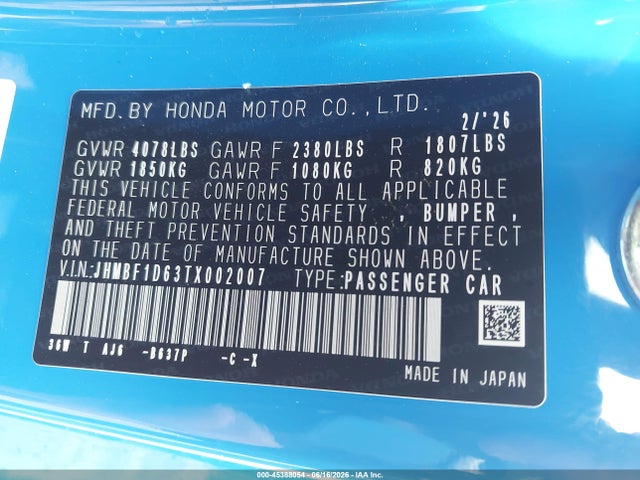 2026 Honda Prelude Hybrid მანქანა იყიდება აუქციონზე, vin: JHMBF1D63TX002007, აუქციონის ნომერი: 45388054