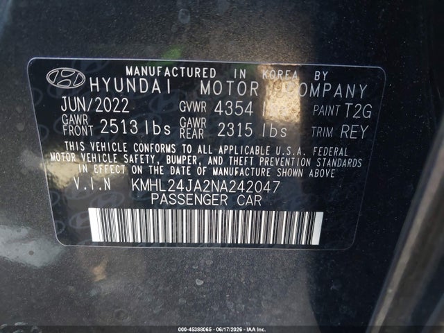 2022 Hyundai Sonata Se მანქანა იყიდება აუქციონზე, vin: KMHL24JA2NA242047, აუქციონის ნომერი: 45388065