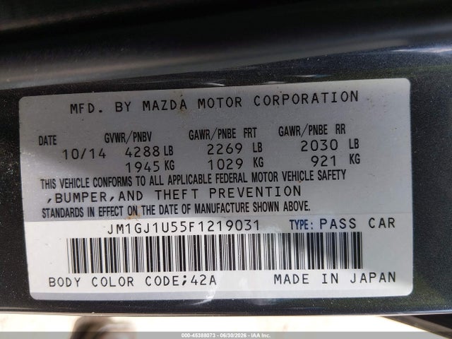 45388073 :رقم المزاد ، JM1GJ1U55F1219031 vin ، 2015 Mazda Mazda6 I Sport مزاد بيع