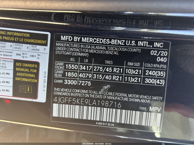 Aukcja sprzedaży 2020 Mercedes-benz Gls 450 4matic, vin: 4JGFF5KE9LA198716, numer aukcji: 45388090