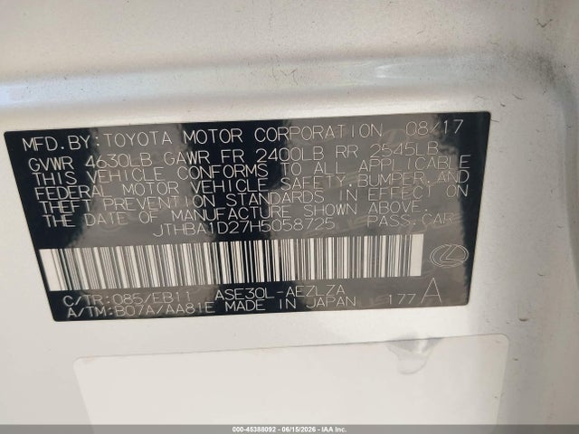 Продажа на аукционе авто 2017 Lexus Is 200t, vin: JTHBA1D27H5058725, номер лота: 45388092
