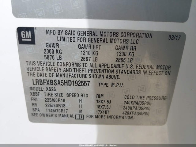 Aukcja sprzedaży 2017 Buick Envision Essence, vin: LRBFXBSA5HD192557, numer aukcji: 45388097