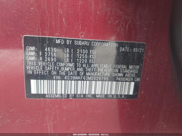 45388098 :رقم المزاد ، 4S3BWAF62M3020795 vin ، 2021 Subaru Legacy Premium مزاد بيع