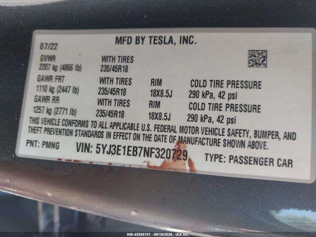 Tesla Model 3 Long Range Dual Motor All-wheel Drive 2022 5YJ3E1EB7NF320729 Image 9