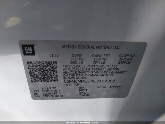 2020 Gmc Acadia Fwd Denali მანქანა იყიდება აუქციონზე, vin: 1GKKNPLS8LZ162382, აუქციონის ნომერი: 45388103