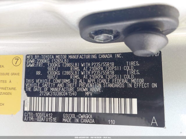 45388108 :رقم المزاد ، 2T2GK31U38C041540 vin ، 2008 Lexus Rx 350 مزاد بيع