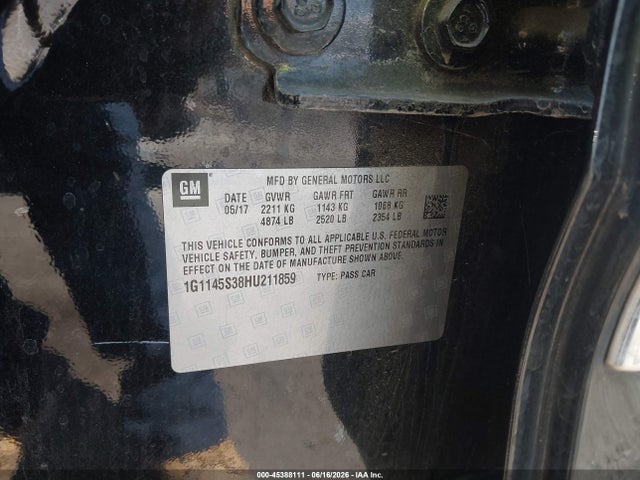 Продаж на аукціоні авто 2017 Chevrolet Impala 2lz, vin: 1G1145S38HU211859, номер лоту: 45388111