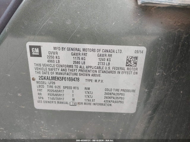 Auction sale of the 2015 Gmc Terrain Sle-1, vin: 2GKALMEK5F6169478, lot number: 45388131