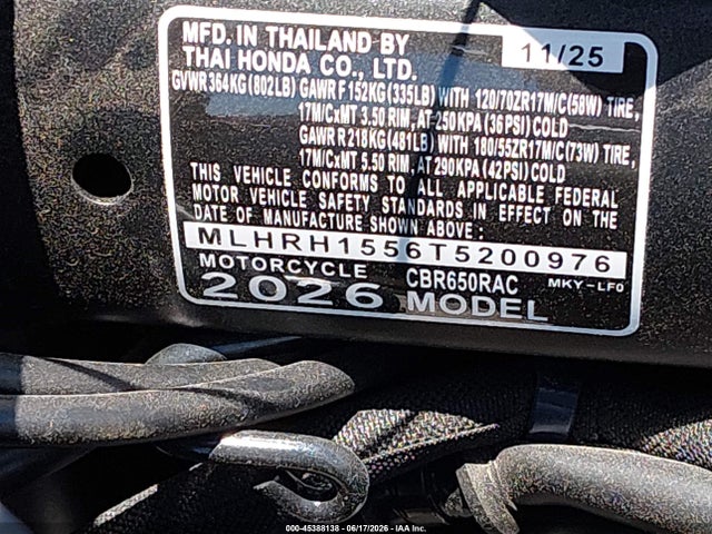 2026 Honda Cbr650 R მანქანა იყიდება აუქციონზე, vin: MLHRH1556T5200976, აუქციონის ნომერი: 45388138