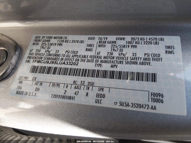 Aukcja sprzedaży 2020 Ford Escape Titanium, vin: 1FMCU9J95LUA33202, numer aukcji: 45388149