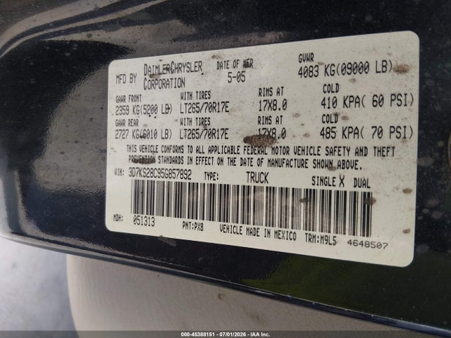 Продаж на аукціоні авто 2005 Dodge Ram 2500 Slt/laramie, vin: 3D7KS28C95G857892, номер лоту: 45388151