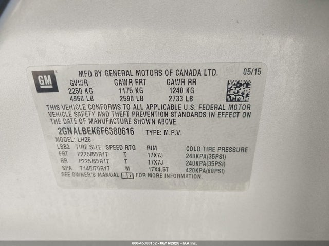 Chevrolet EQUINOX LT 2015 2GNALBEK6F6380616 Image 9