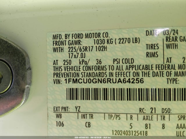 Продажа на аукционе авто 2024 Ford Escape Active, vin: 1FMCU0GN6RUA64256, номер лота: 45388163