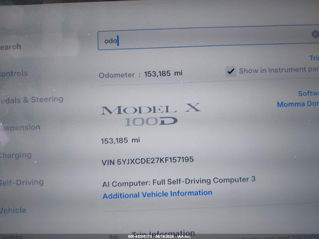 45388175 :رقم المزاد ، 5YJXCDE27KF157195 vin ، 2019 Tesla Model X 100d/75d/long Range/standard Range مزاد بيع