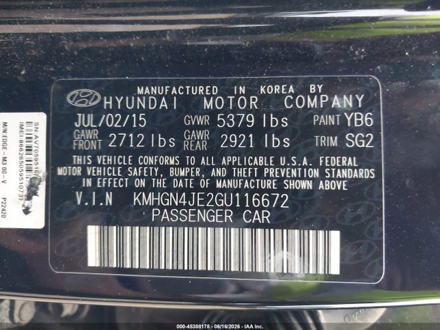 Aukcja sprzedaży 2016 Hyundai Genesis 3.8, vin: KMHGN4JE2GU116672, numer aukcji: 45388178