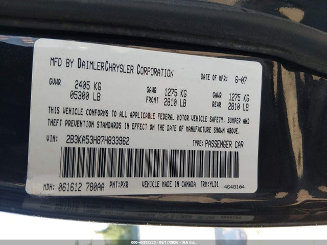 Продажа на аукционе авто 2007 Dodge Charger Rt, vin: 2B3KA53H87H833962, номер лота: 45388220