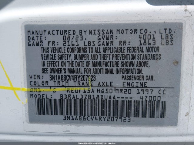 Aukcja sprzedaży 2024 Nissan Sentra Sv Xtronic Cvt, vin: 3N1AB8CV4RY207923, numer aukcji: 45388225