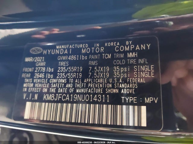 2022 Hyundai Tucson Hybrid Sel Convenience მანქანა იყიდება აუქციონზე, vin: KM8JFCA19NU014311, აუქციონის ნომერი: 45388230