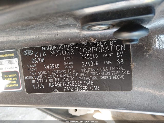 2008 Kia Optima Lx მანქანა იყიდება აუქციონზე, vin: KNAGE123285257346, აუქციონის ნომერი: 45388241