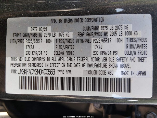 Продаж на аукціоні авто 2021 Mazda Cx-5 Touring, vin: JM3KFACM3M0400563, номер лоту: 45388243