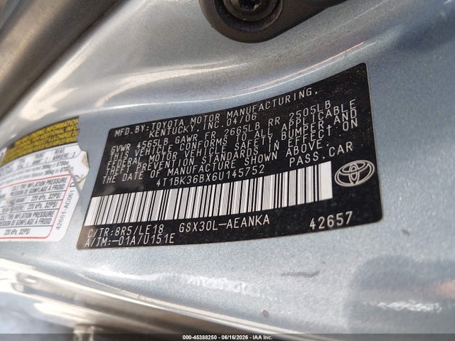 Продажа на аукционе авто 2006 Toyota Avalon Touring, vin: 4T1BK36BX6U145752, номер лота: 45388250