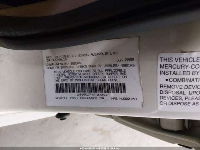 2002 Mitsubishi Diamante Ls მანქანა იყიდება აუქციონზე, vin: 6MMAP67P72T020582, აუქციონის ნომერი: 45388273