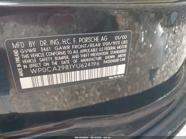 Aukcja sprzedaży 2000 Porsche Boxster, vin: WP0CA2981YU624196, numer aukcji: 45388287