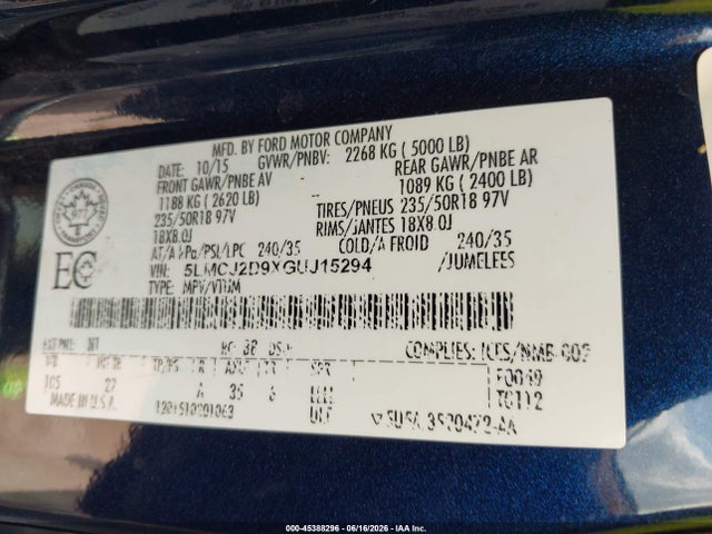 Продаж на аукціоні авто 2016 Lincoln Mkc Select, vin: 5LMCJ2D9XGUJ15294, номер лоту: 45388296