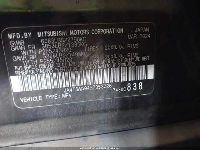 2024 Mitsubishi Outlander Phev Sel Black Edition/sel Platinum Edition/sel S-awc მანქანა იყიდება აუქციონზე, vin: JA4T5WA94RZ053026, აუქციონის ნომერი: 45388313