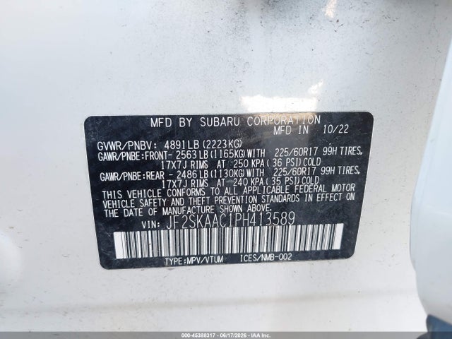 45388317 :رقم المزاد ، JF2SKAAC1PH413589 vin ، 2023 Subaru Forester مزاد بيع