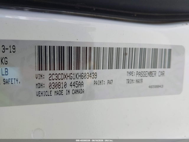 2C3CDXHG1KH603439 Dodge Charger Gt Rwd