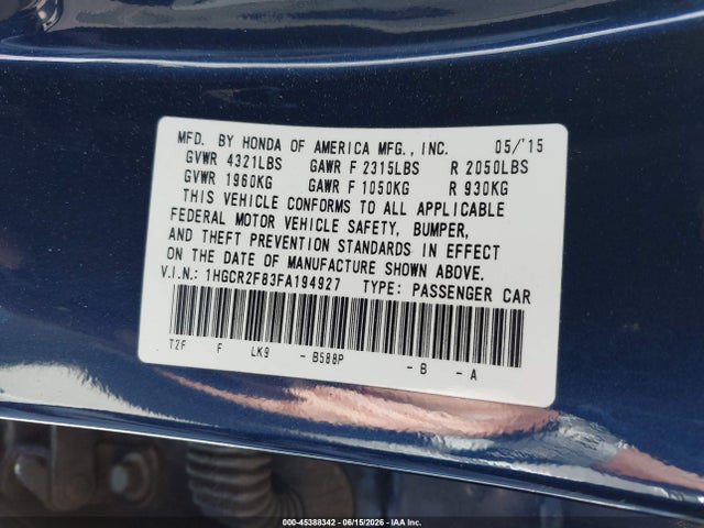 Honda Accord Ex-l 2015 1HGCR2F83FA194927 Image 9