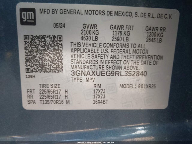 45388344 :رقم المزاد ، 3GNAXUEG9RL352840 vin ، 2024 Chevrolet Equinox Awd Lt مزاد بيع