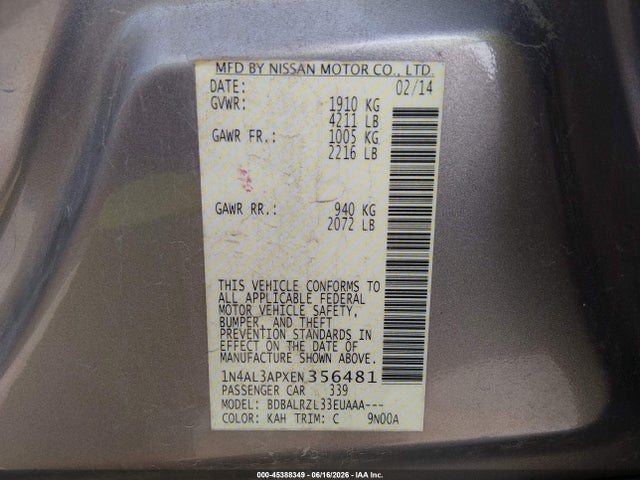 2014 Nissan Altima 2.5 S მანქანა იყიდება აუქციონზე, vin: 1N4AL3APXEN356481, აუქციონის ნომერი: 45388349